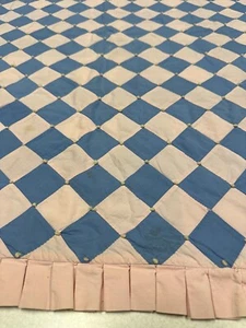 Antique Baby Quilt 37X38” Unisex Pink &Blue 2”squares Pleated Border Hand Pieced - Picture 1 of 12