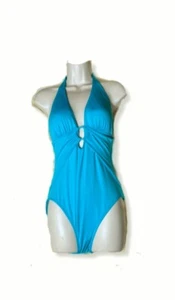 Carmen Marc Valvo Swimsuit Capri Blue One Piece Standard Deep V Neck Size 6 - Picture 1 of 9