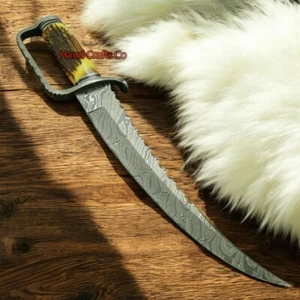 17" Handmade Damascus Steel D Guard Hunting Bowie Knife with Stag Handle, Sheath - Picture 1 of 10