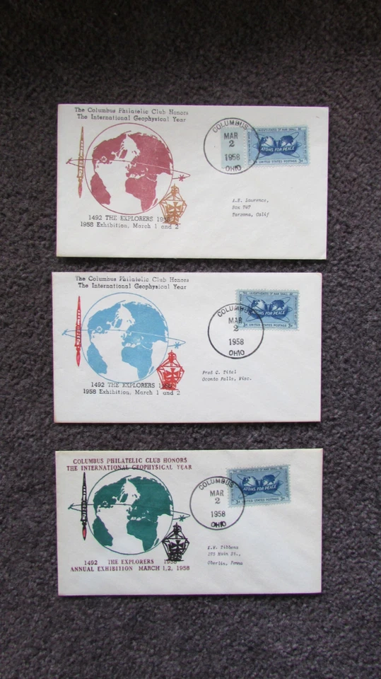 UNITED STATES SCOTT 1070 3 DIFF. COLORS ADDRESSED FDC GEOPHYSICAL YEAR 1958 - Image 1 of 1