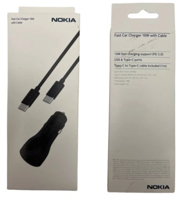 Cargador rápido de coche Nokia PC18WC USB-C 18W cable adaptador de corriente negro universal Foto 1 de 4
