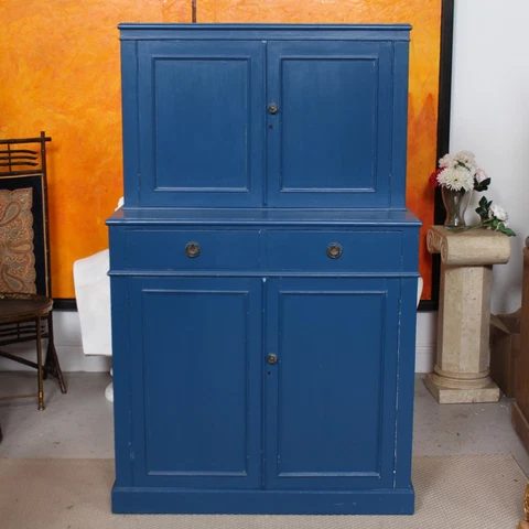Antique Painted School Cupboard Victorian Blue Pine Bookcase Cabinet Cover