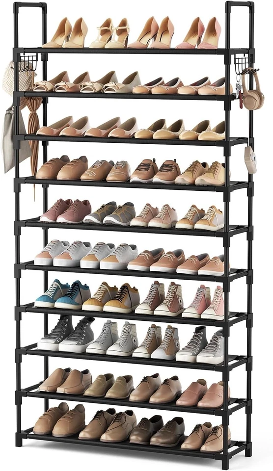 VTRIN 10 Tier Shoe Rack Tall Large Capacity 50 Pair Wide Shoe Organizer with Two Hooks