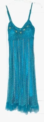 SUE WONG Turquoise Blue Crochet Knit Wooden Beaded 3D Applique Cocktail Dress XS - Image 1 of 4