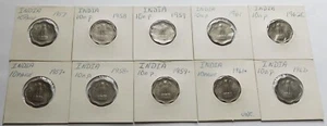 Ten India 10 Paise coins 1957/58/59/61/62, Calcutta & Bombay Mints, 10 XF to UNC - Picture 1 of 8