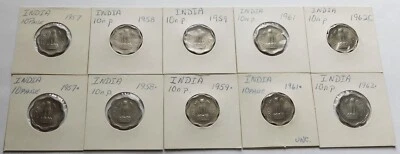 Ten India 10 Paise coins 1957/58/59/61/62, Calcutta & Bombay Mints, 10 XF to UNC - Image 1 of 4