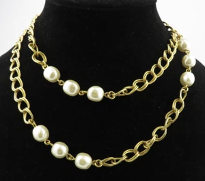 Vtg. Napier Signed Long Faux Pearl Goldtone Double link Chain Necklace - Picture 1 of 19