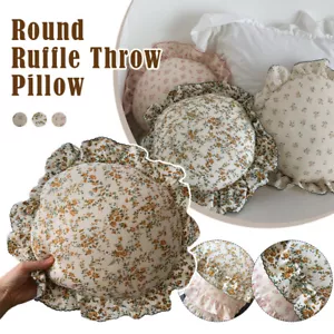French Country Floral Round Pillows Ruffles Bedding Throw Pillows Cushions Beige - Picture 1 of 15