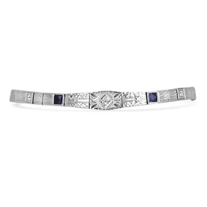 0.62tcw Vintage Art Deco Diamond & Blue Sapphire Tennis Bracelet White Gold 18K  - Picture 1 of 6