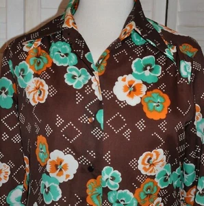 VTG Kmart Disco Shirt Long Sleeve Brown Floral Size 34 Button Green & Orange Dot - Picture 1 of 9