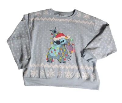 Disney Lilo & Stitch Light Up Ugly Christmas Sweatshirt Women’s 2XL Blue Crew  - Image 1 of 4
