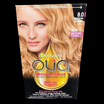 Color de cabello permanente Garnier Olia rubio medio sin amoníaco #8.0 NUEVO EN CAJA Foto 1 de 4