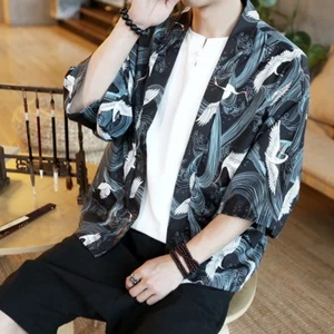 Men Japanese Kimono Cardigan Yukata Crane Top Outdress Jacket Coat Shirt Summer - Picture 1 of 16