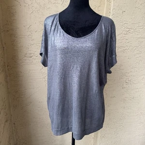 Eileen Fisher Metallic Silver Jersey Top Sz M Linen V-Neck Short Sleeve T-Shirt - Picture 1 of 10