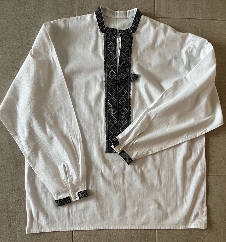 Ukrainian Vyshyvanka Linen XXL Gray Black Embroidery Handmade Long Sleeve Shirt - Image 1 of 4