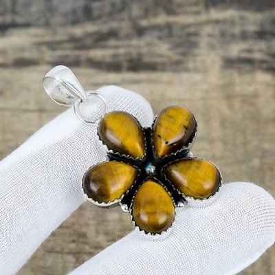 Naturale Occhio di Tigre Gemma Fatto a Mano 925 Argento Sterling Fiore Gioielli - Immagine 1 di 4