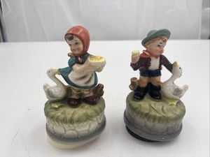 2 Vintage Boy and Girl With Duck Ceramic Music Box Made in Japan Tested - Picture 1 of 11