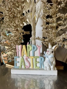 Happy Easter 3D Pastel Colors Easter Bunny Rabbit With Blue Satin Bow 7” Tall - Picture 1 of 13