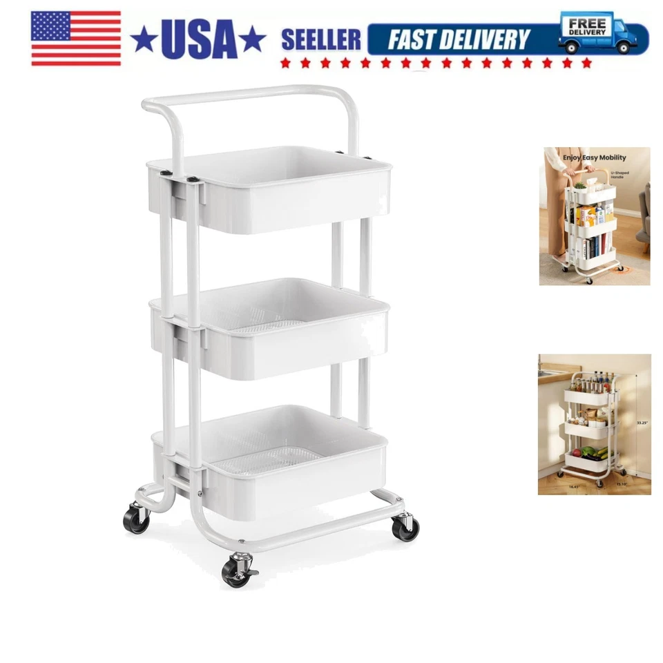 Pipishell 3-tier Rolling Utility Cart Multifunctional Metal Organization Storage
