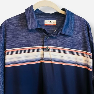 Grand Slam Classic Fit Dri Flow Performance Golf Polo Blue Stripe Coral Large - Image 1 of 4