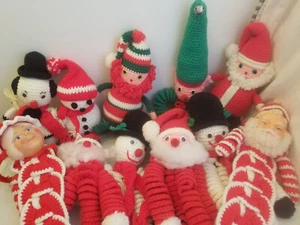 11 Vintage Handmade Kitsch Christmas Crochet Snowman Pixie Elf Mrs Santa Claus - Picture 1 of 21