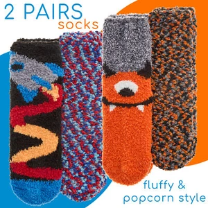 2 Pairs Kids Boys Cosy Fluffy Popcorn Socks Winter Non Slip Rocket Monster Socks - Picture 1 of 9