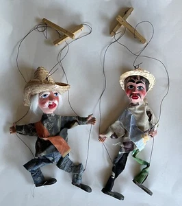 MARIONETTE Mexican STRING PUPPETS Vintage Folk Art SOMBRERO Lot Padre y Hijo 16" - Picture 1 of 8