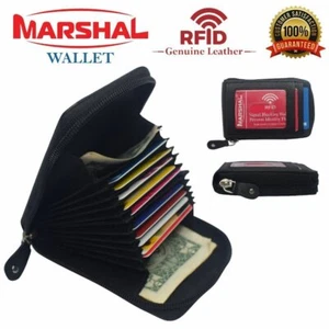 Men's Genuine Leather Credit Card Wallet Holder RFID Blocking Zipper Thin Pocket - Picture 1 of 7