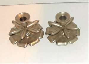 Vintage Pair of Pewter Flower Candlestick Holders Made in India - Picture 1 of 4