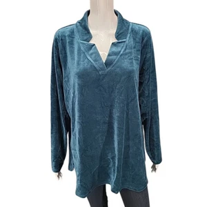 Denim Co Modern Trendy Notch Neck Velour Tunic Top 1X Plus Size Teal Pullover - Picture 1 of 11