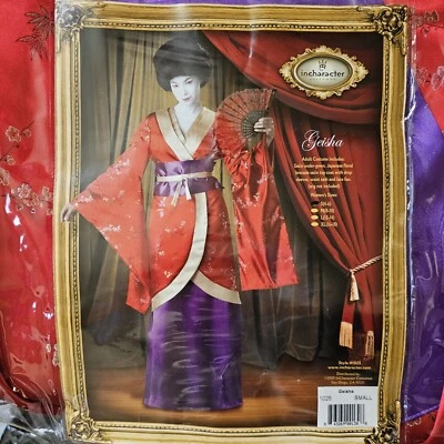 Geisha Incharacter Far East Empress KIMONO JAPANESE Halloween Wig Fan Costume S - Image 1 of 4