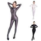 Womens Bodysuit Oil Shiny Pantyhose See Through Sexy Lingerie Sheer Short Sleeve