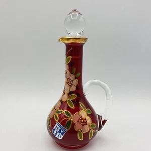 Vintage KB Italy Ruby Red Glass Cruet with Pink Dogwood Enamel Overlay - Picture 1 of 18