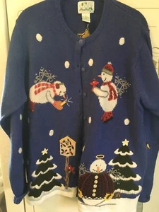 Christmas Sweater Blue Button Snowmen Polka Dots Red Bird Trees Large - Picture 1 of 13