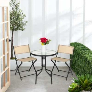 Beige 3-Piece Outdoor Patio Bistro Set w/Textured Glass Table Top,Folding Chairs - Picture 1 of 7