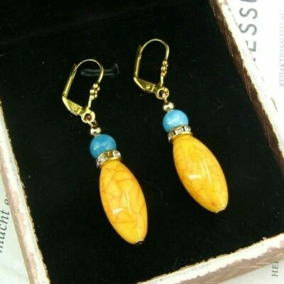 BAILYSBEADS Bernstein & Larimar Ohrringe Ohrhänger goldfarbige Klappbrisuren - Bild 1 von 2