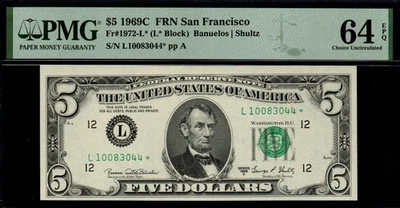 $5 1969C Better San Francisco *STAR* PMG Choice UNC 64 EPQ Federal Reserve Note! - Image 1 of 2