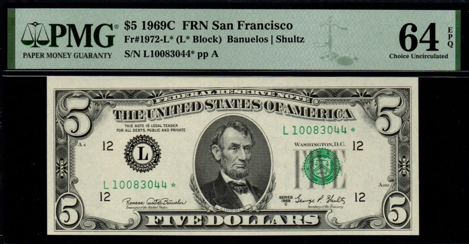 $5 1969C Better San Francisco *STAR* PMG Choice UNC 64 EPQ Federal Reserve Note! - Image 1 of 2
