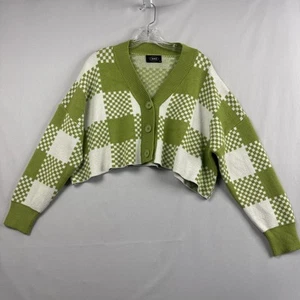 Cider Crop Sweater Womens size XL Cardigan Button Up Green White Plaid - Picture 1 of 8