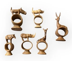 Vintage Hand Carved Wood Napkin Rings Set of 7 African Animal on Stands - Picture 1 of 13