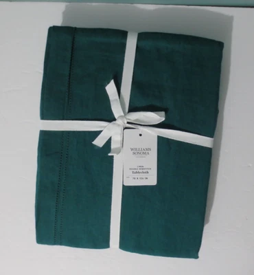 WILLIAMS SONOMA - New Solid Green LINEN DOUBLE HEMSTITCH Tablecloth - 70" x 126" - Image 1 of 4