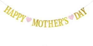 Happy Mother's Day Banner Set Gold Glitter Letter & Pink Heart - Picture 1 of 5