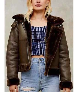 Women’s Aviator Flying RAF B3 Bomber Fur Shearling Real Brown Leather Jacket - Picture 1 of 3