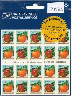 Scott #3492b Apple and Orange Booklet of 20 Stamps - Sealed - Image 1 of 3