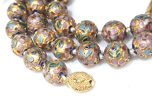 Vintage Cloisonne Bead Necklace Gold Tone Enamel Box Clasp Hand Knotted 28.5" - Picture 1 of 11