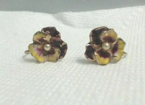 Vintage Enamel Pansey Faux Pearl Screw On Earrings - Picture 1 of 6