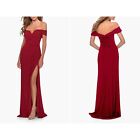 New La Femme Size 4 Off the Shoulder Jersey Gown Red Prom **faint stains **