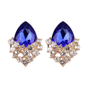 Non-Pierced Gold Plated Sapphire Blue Crystal Teardrop Stud Clip On Earrings - Picture 1 of 5