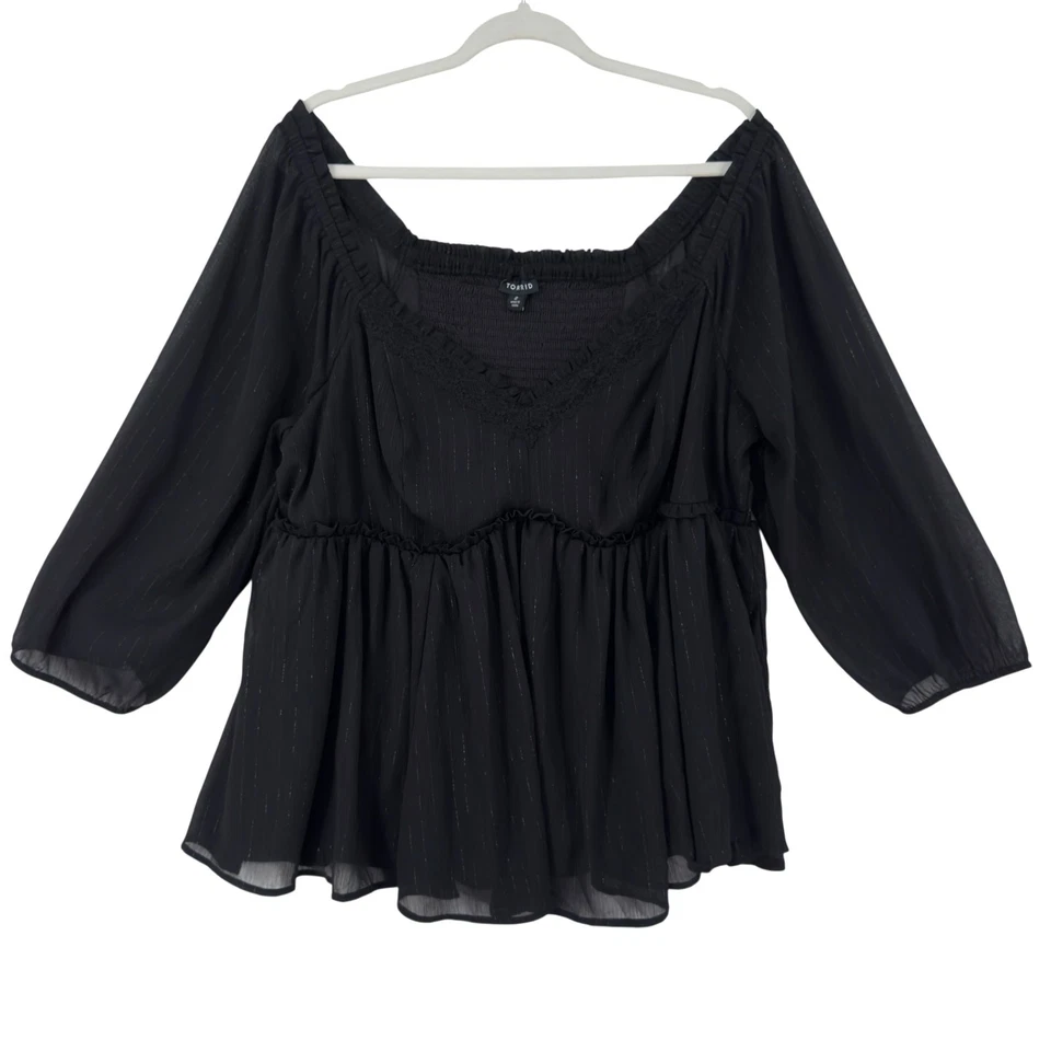 Torrid Babydoll Top Womens Size 2 Black Silver Stripes Puff Sleeve Whimsigoth - Image 1 of 4