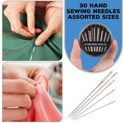 30x Nähen Nadeln Hell Gold Auge Verschiedene Größen IN Klar Rund Lager Organizer - Bild 1 von 4